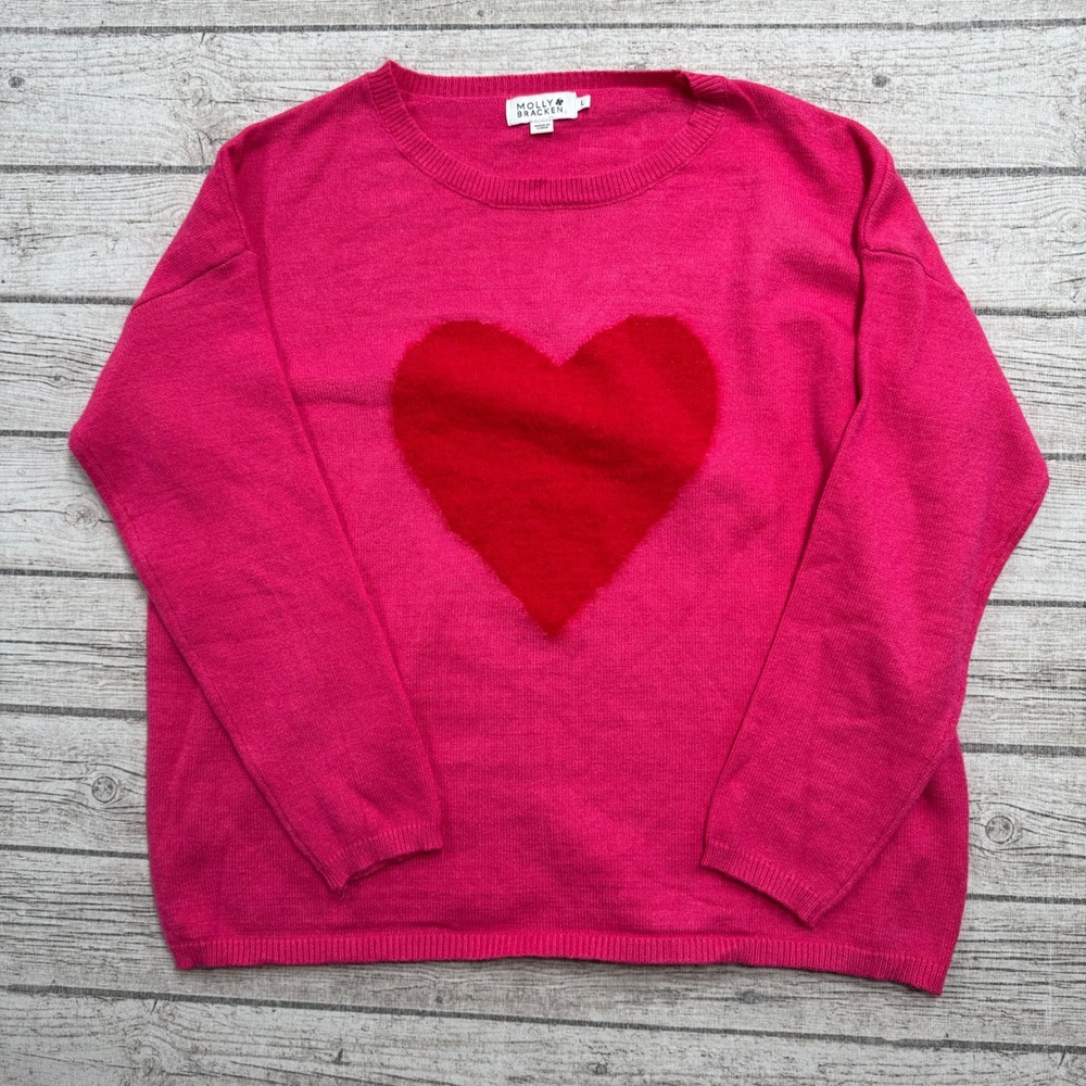Molly Bracken Sweater Women's Large Pink Red Heart Graphic Pullover Oversized